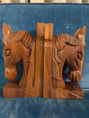 Carved Walnut Horse Head Bookends
